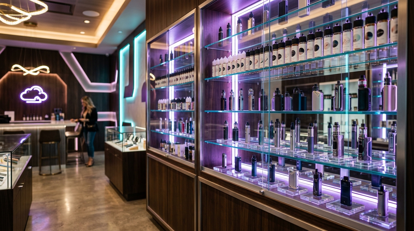 Vape display racks at HTown Smoke Shop Houston TX